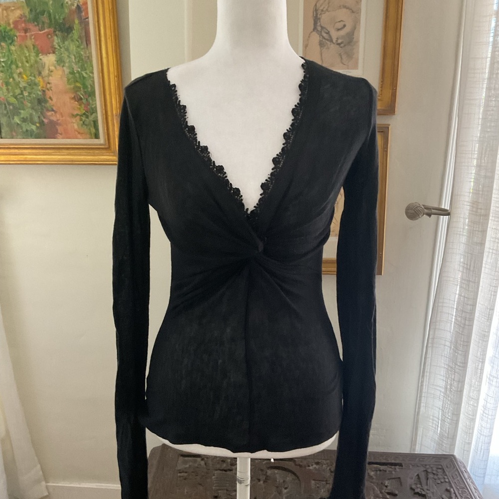 Velvet Black Lace-Trim Twist-Front Long Sleeve Top